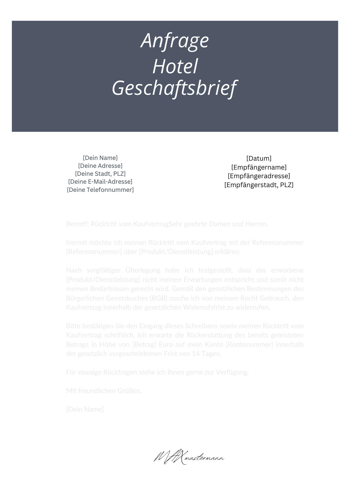 Anfrage Hotel Geschäftsbrief