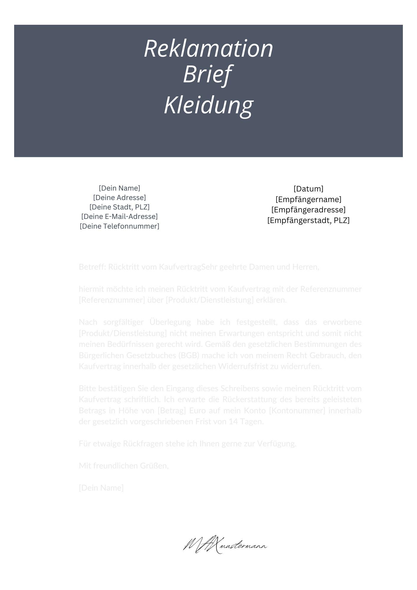 Reklamation Brief Kleidung